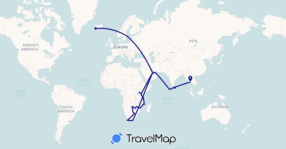 TravelMap itinerary: driving in United Arab Emirates, Botswana, Iceland, Kenya, Sri Lanka, Maldives, Mozambique, Qatar, Sweden, Thailand, Tanzania, Uganda, South Africa, Zimbabwe (Africa, Asia, Europe)